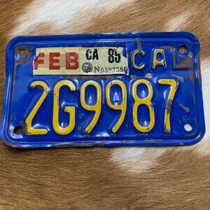 Vintage 1985 California Motorcycle License Plate 2G9987 Blue & Yellow